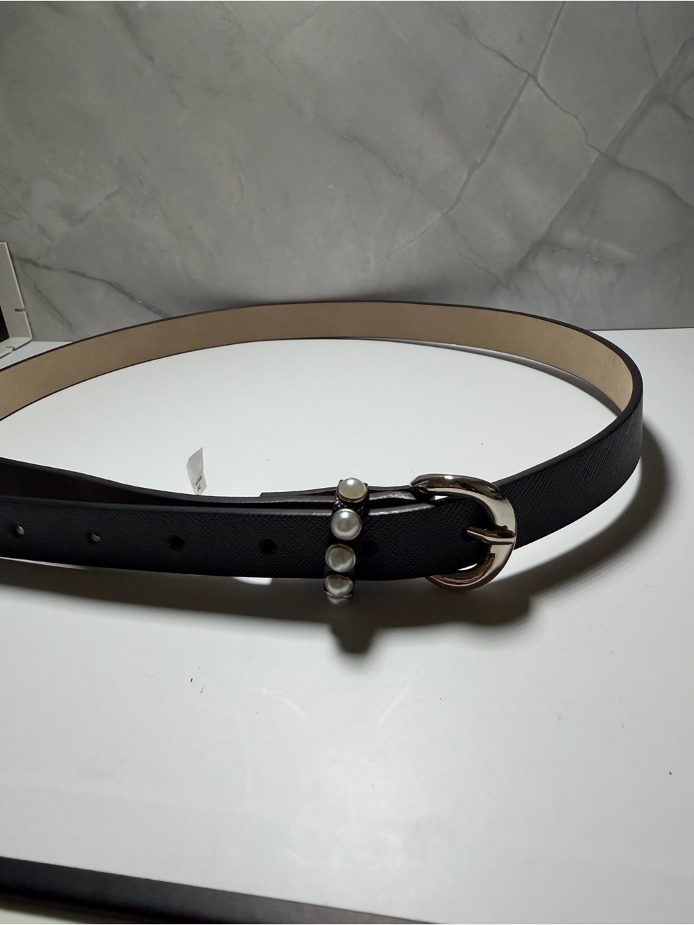 Steve Madden Black leather belt silver tone buckle with pearls keeper loop